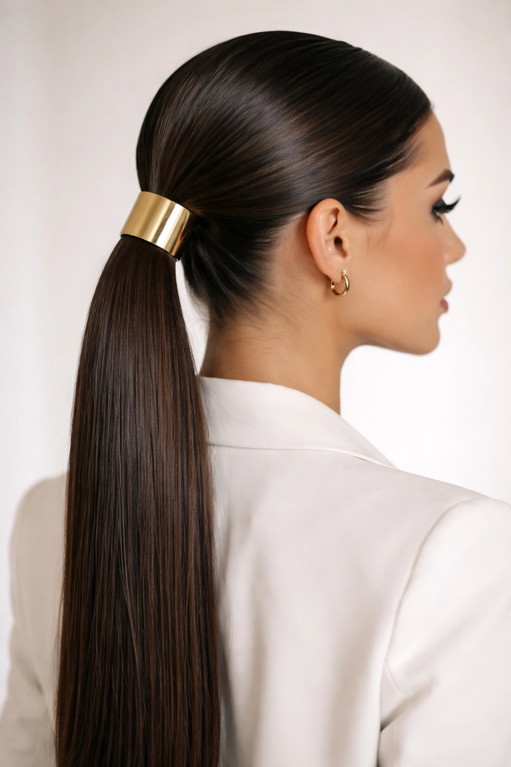 Sleek ponytail with minimalist geometric accessory at base