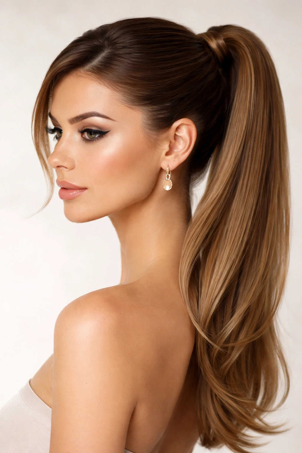 Profile of a sleek, high side ponytail with glossy straight hair