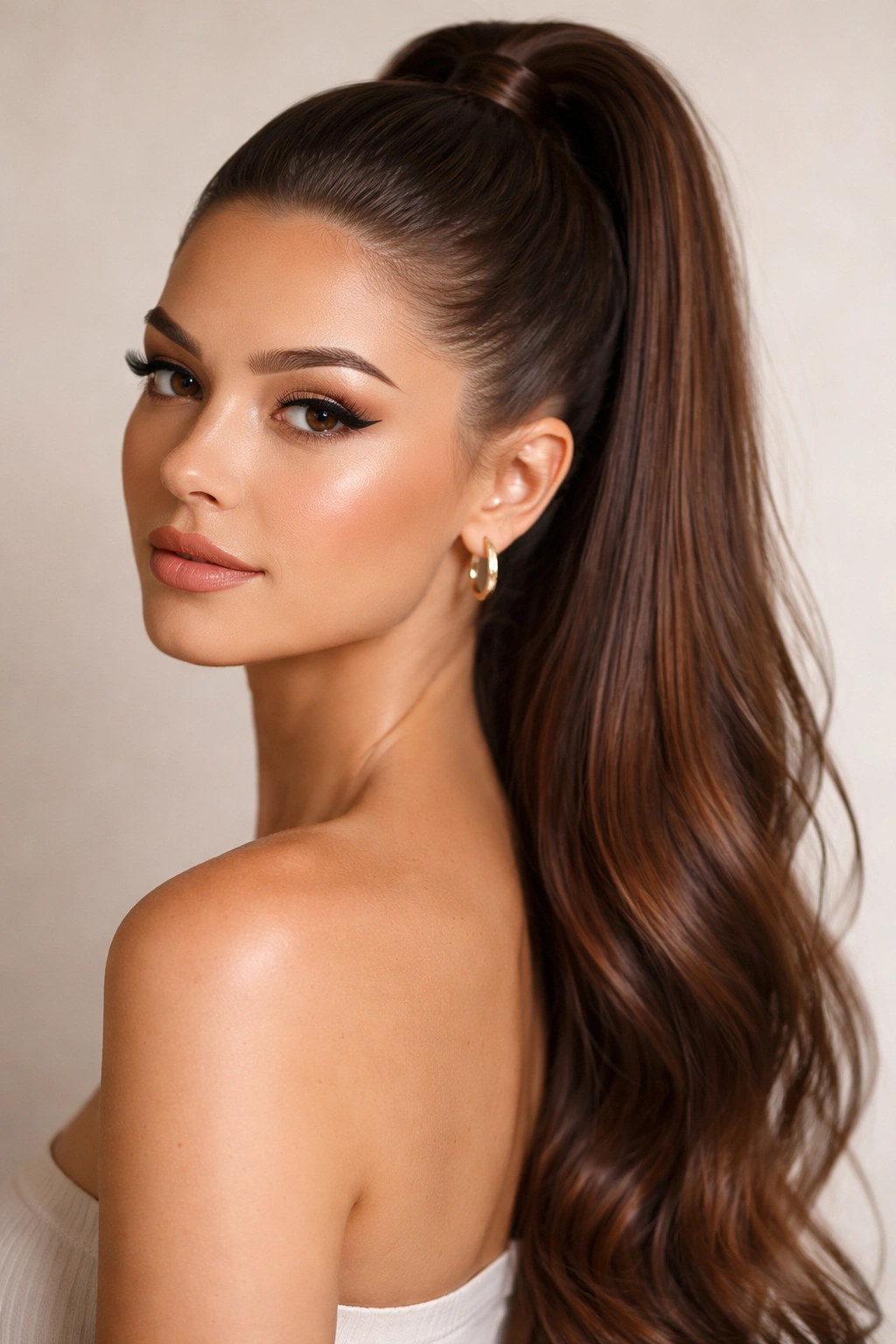 Close-up of hair styled in a sleek high ponytail half-up with smooth top and flowing bottom