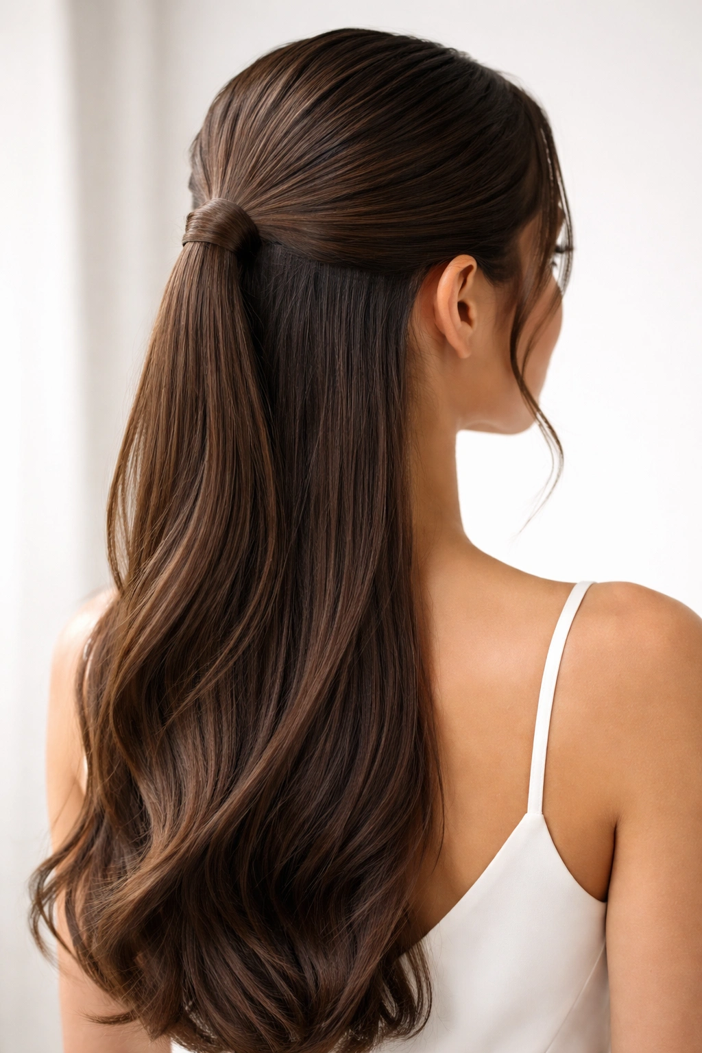 Sleek low ponytail half-up hairstyle shown from the back of the head