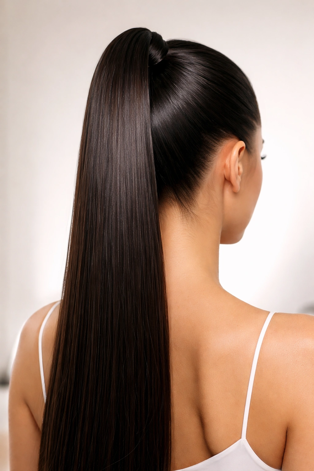 Close-up of ultra-high sleek ponytail with tight crown placement and glossy finish