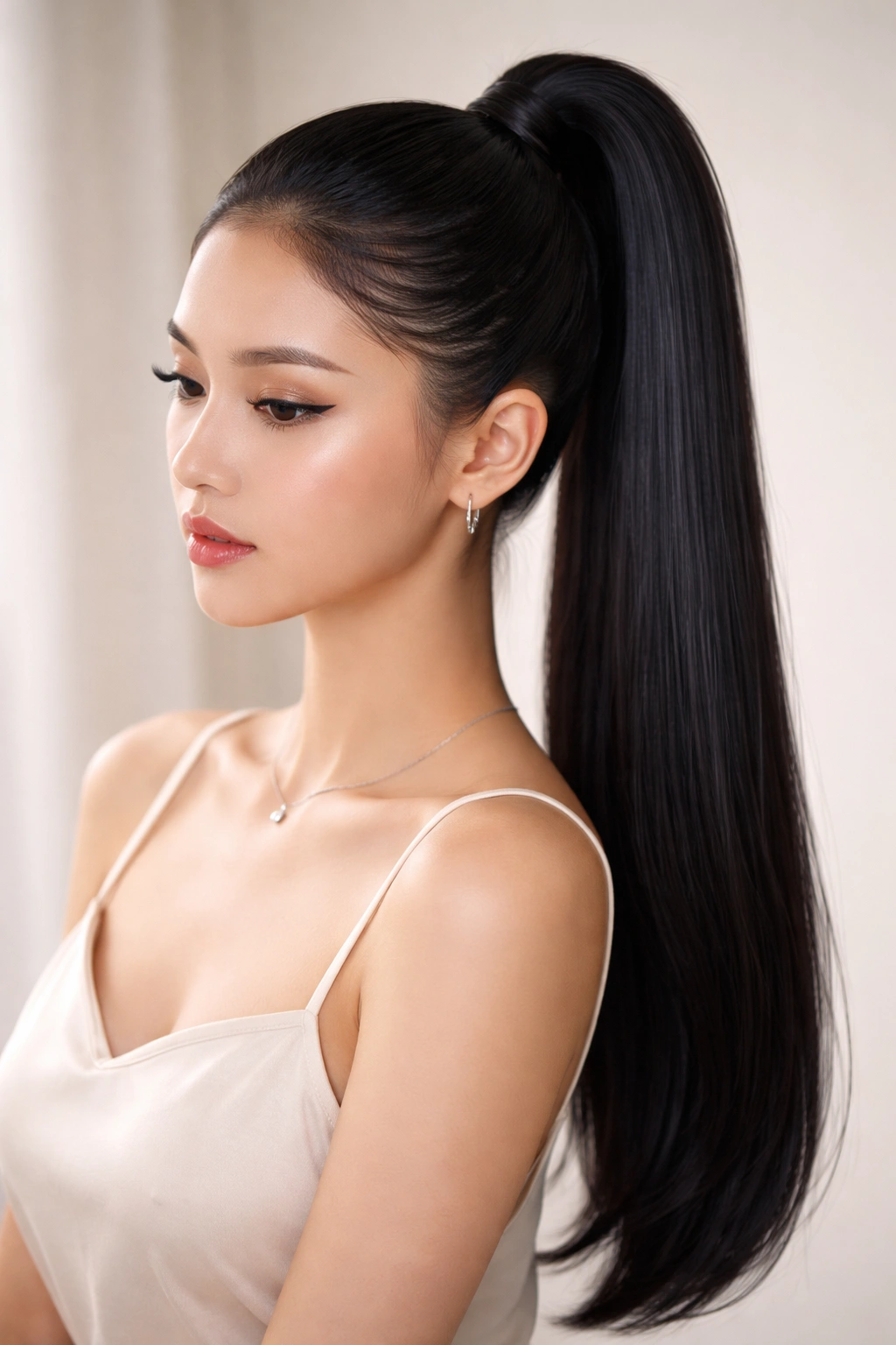 Close-up of a sleek high ponytail with straight texture and crisp edges.