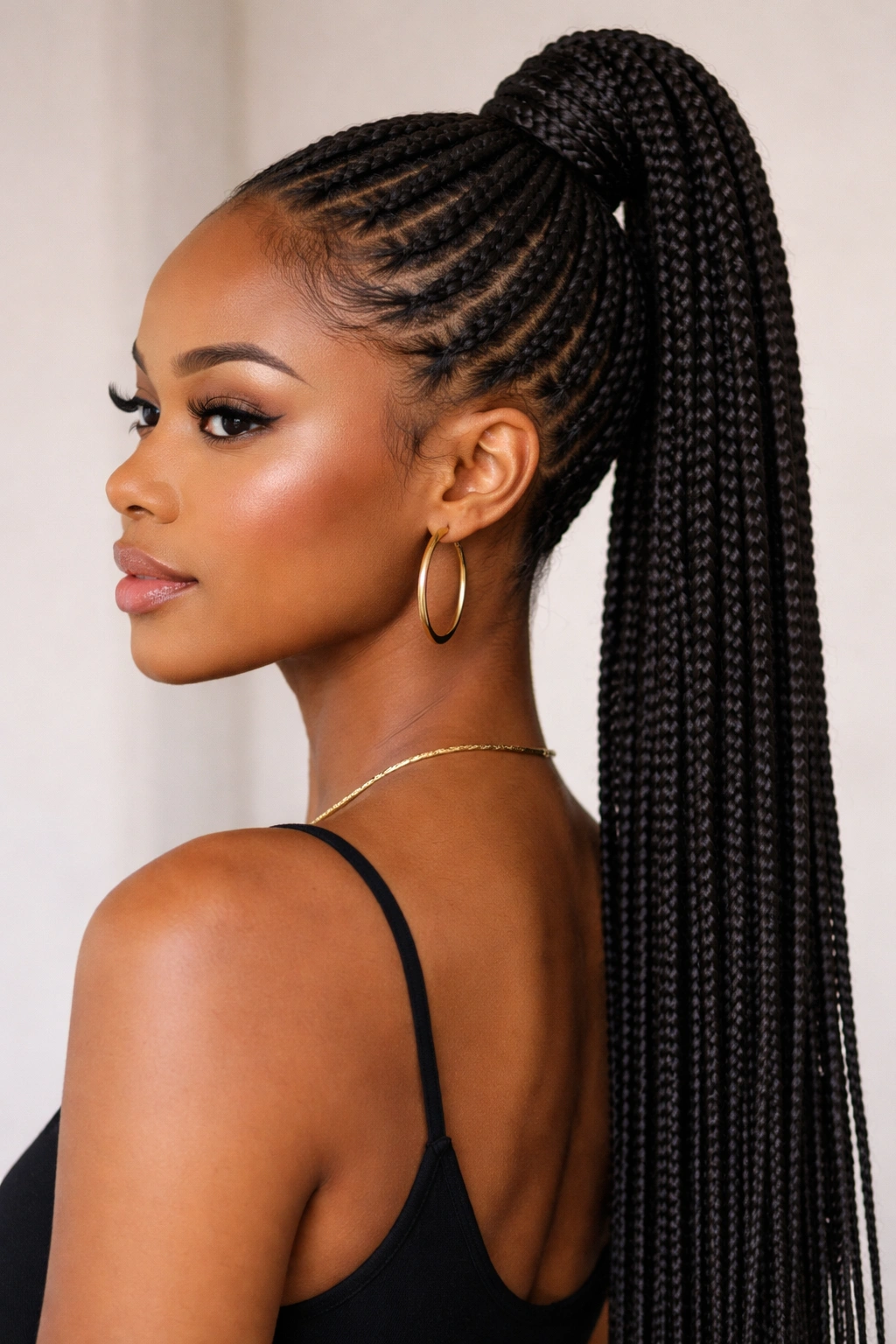 Close-up of a sleek knotless box braid high ponytail