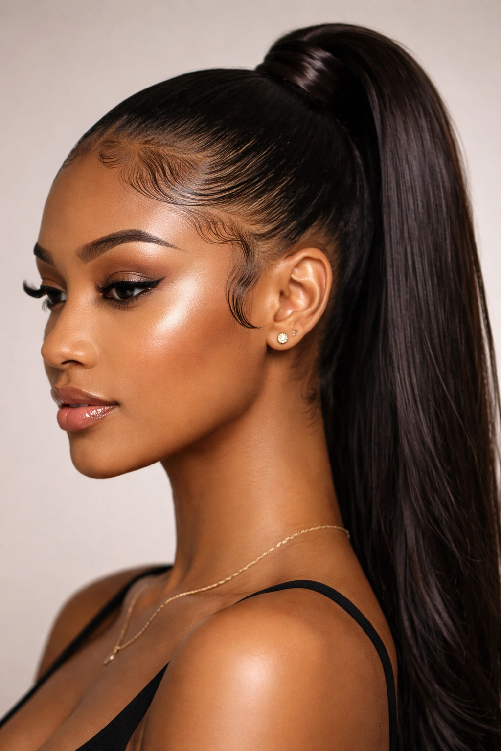 Close-up of a sleek ponytail with laid edges and sculpted hairline