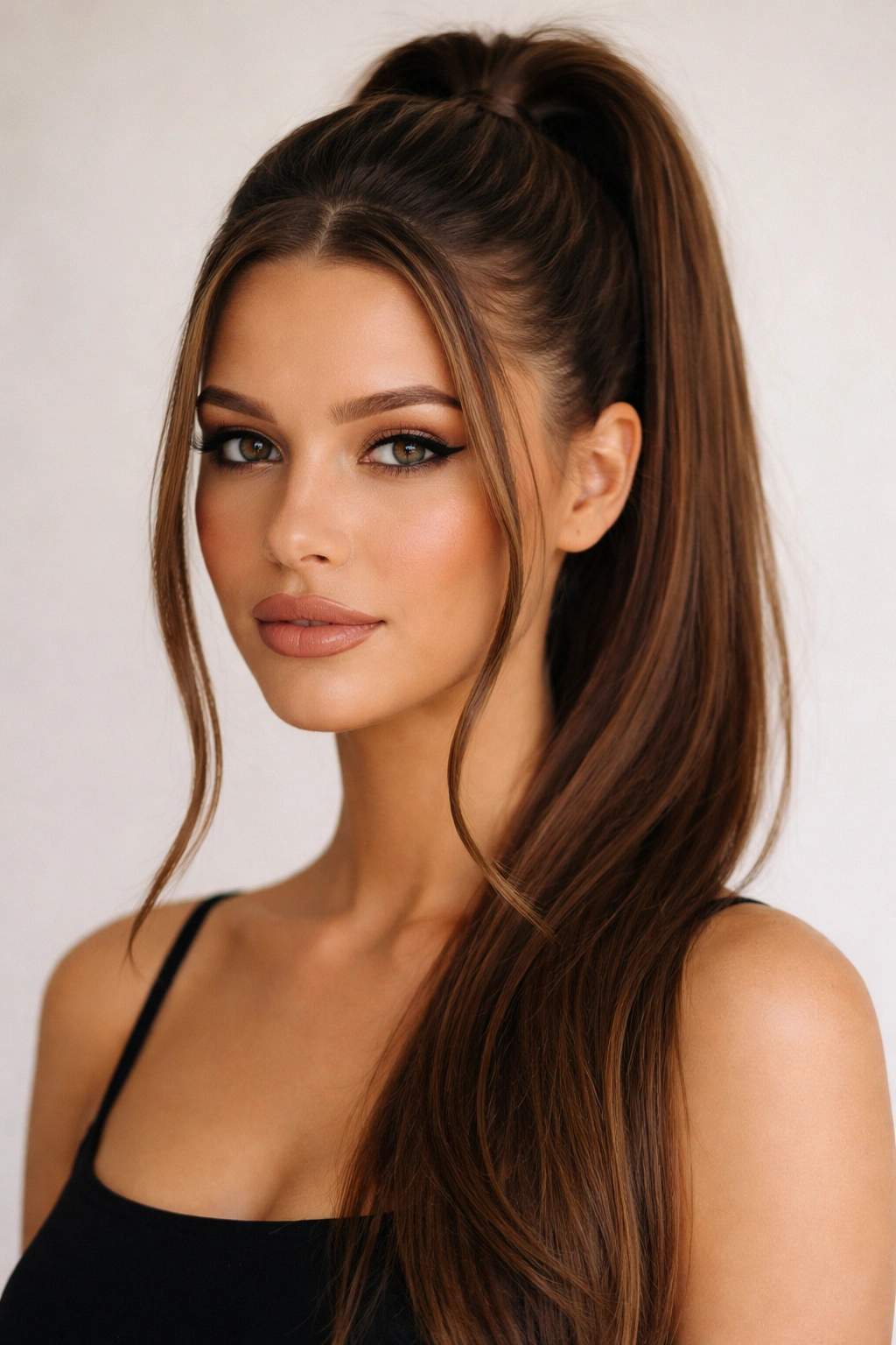 Portrait of a sleek high pony with face-framing layers at the sides