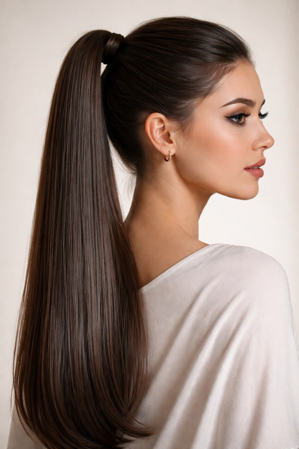 Close-up of a sleek high ponytail on long straight hair with glossy finish