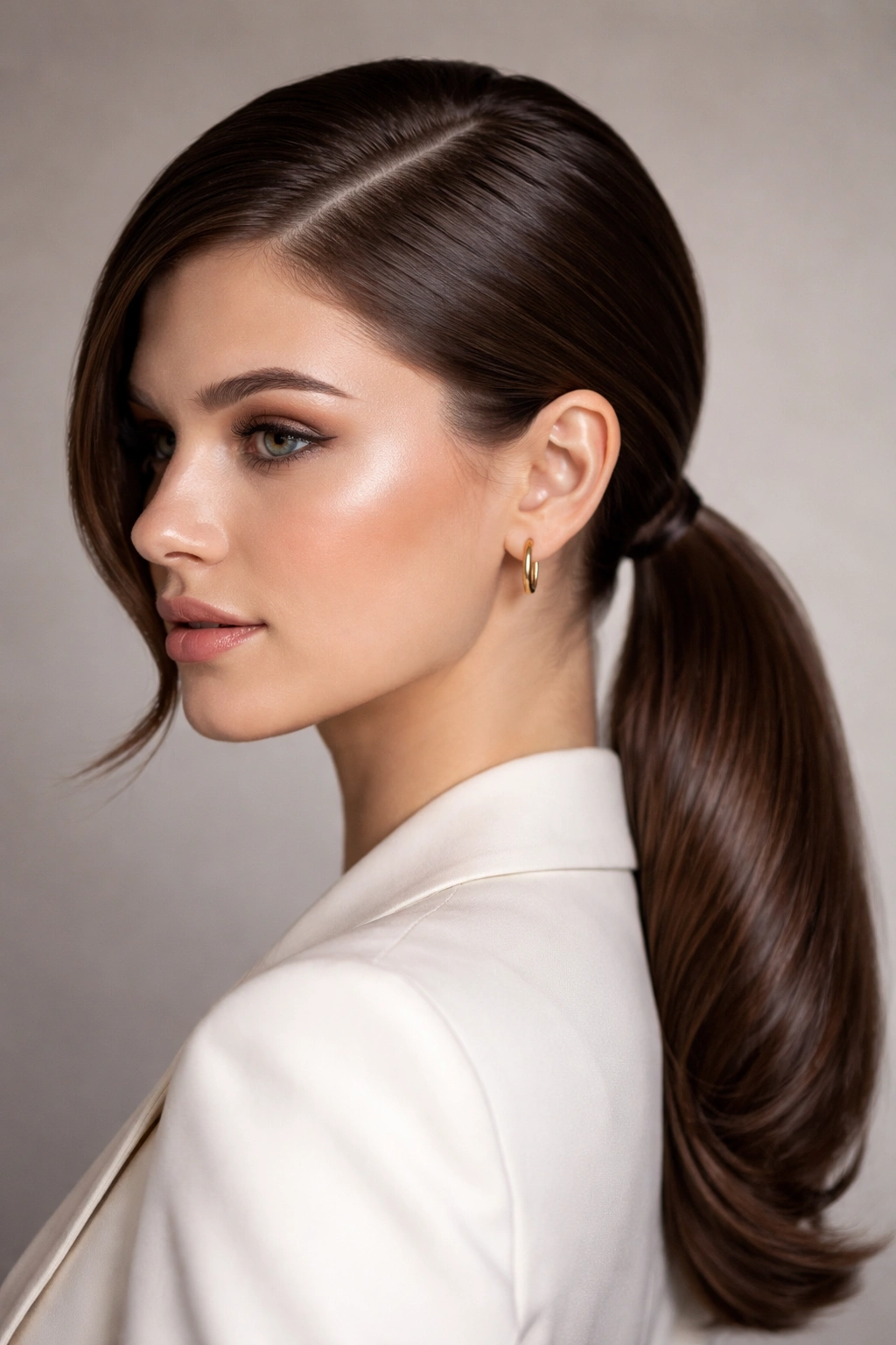 Close-up of a person with a sleek low side ponytail and deep side part in studio.