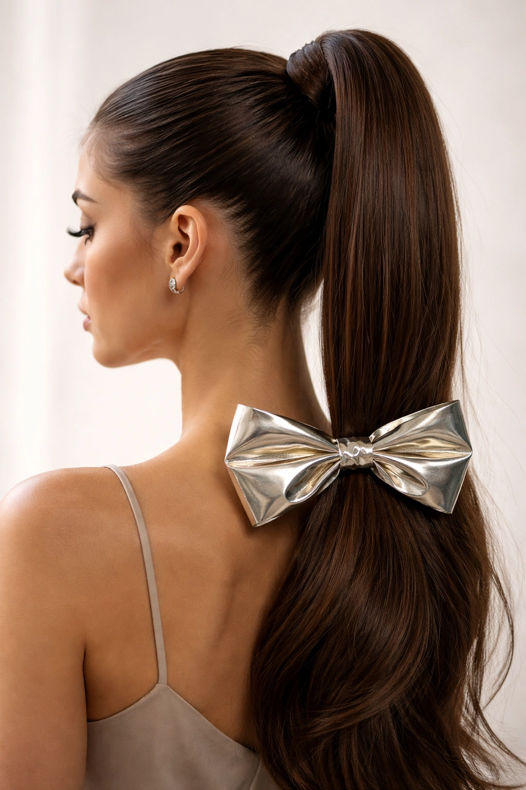 Sleek high ponytail with metallic bow
