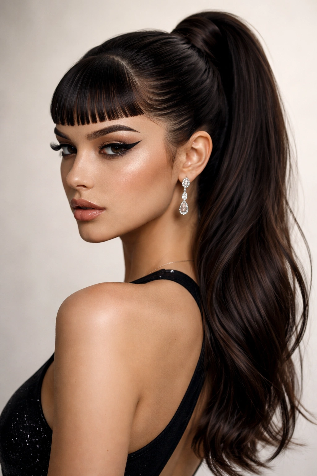 Close-up of a sleek half-up ponytail with microbangs and glossy hair