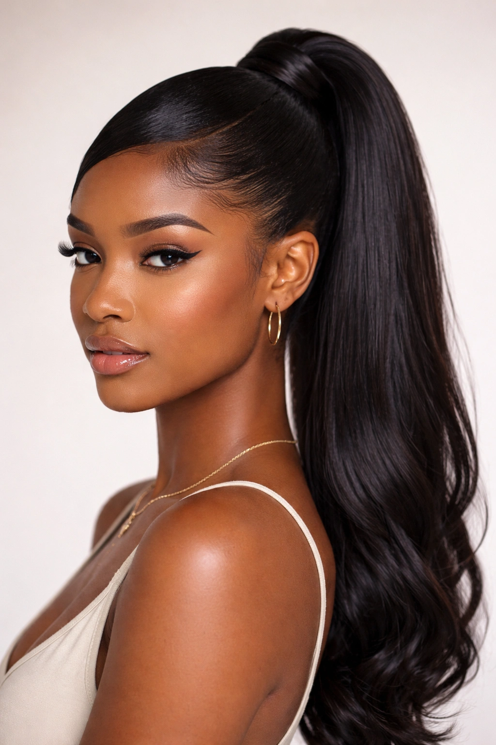 Sleek high ponytail with a sharp side part on natural hair