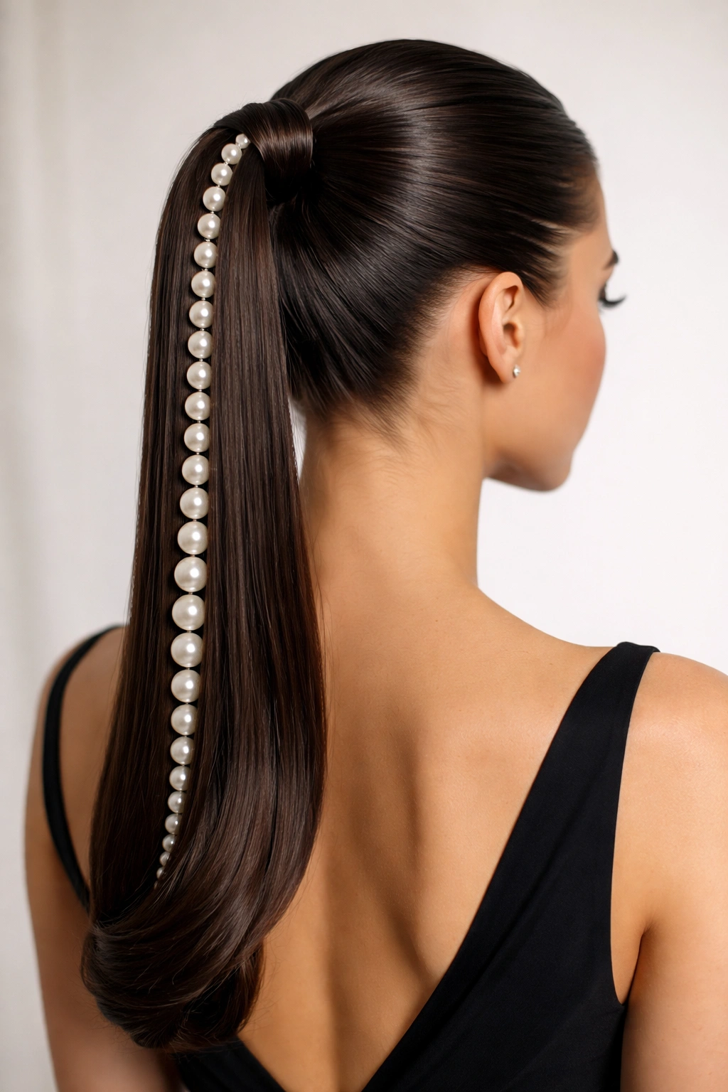 Sleek ponytail with precise pearl lines creating a graphic editorial look