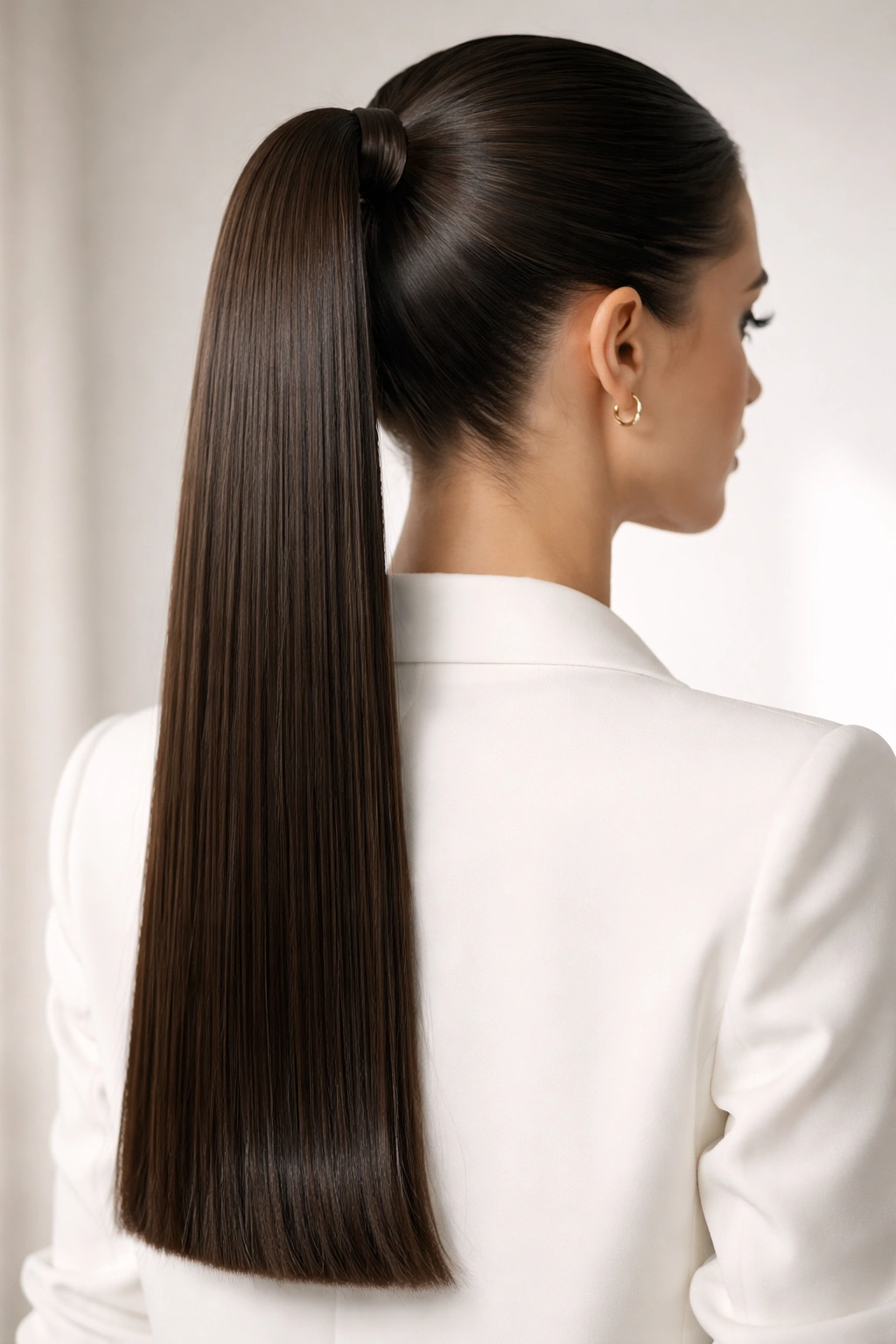 Sleek ponytail with straightened polished ends
