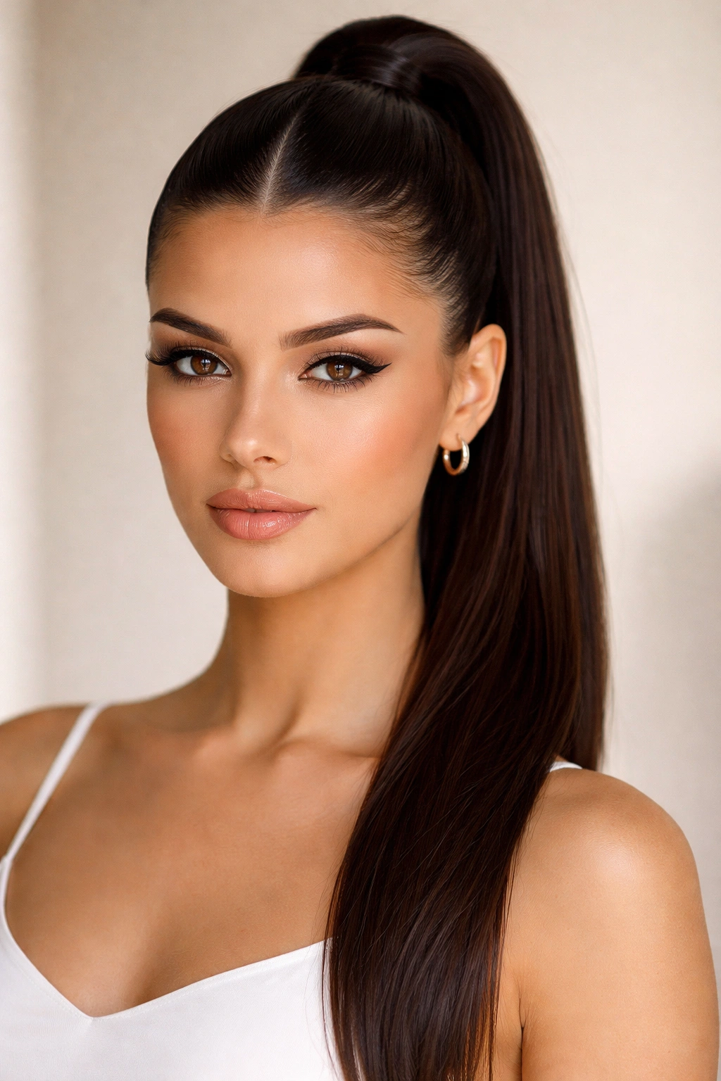 Close-up of a sleek high ponytail with a razor-sharp middle part and glossy hair