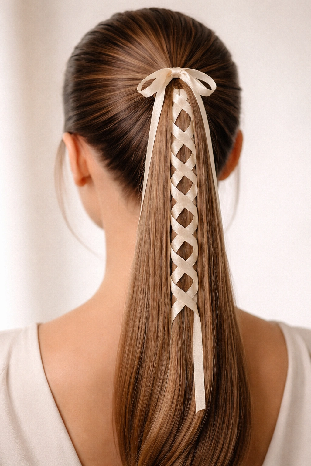Sleek high ponytail with delicate ribbon weave through straight hair.
