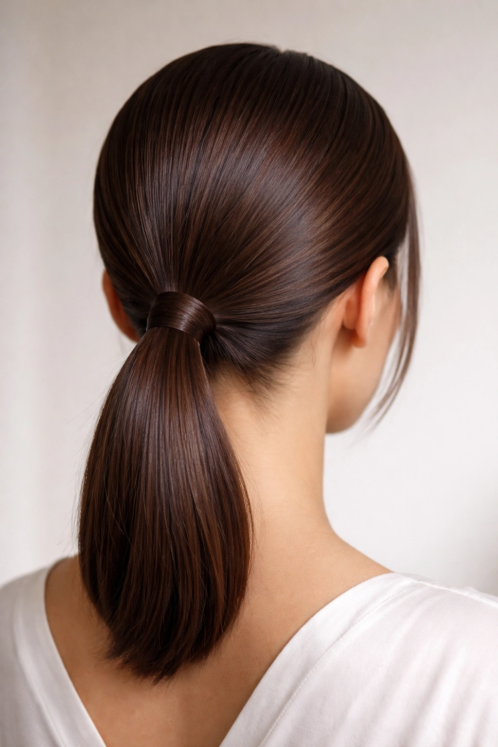 Close-up of sleek low ponytail at the nape with glossy hair