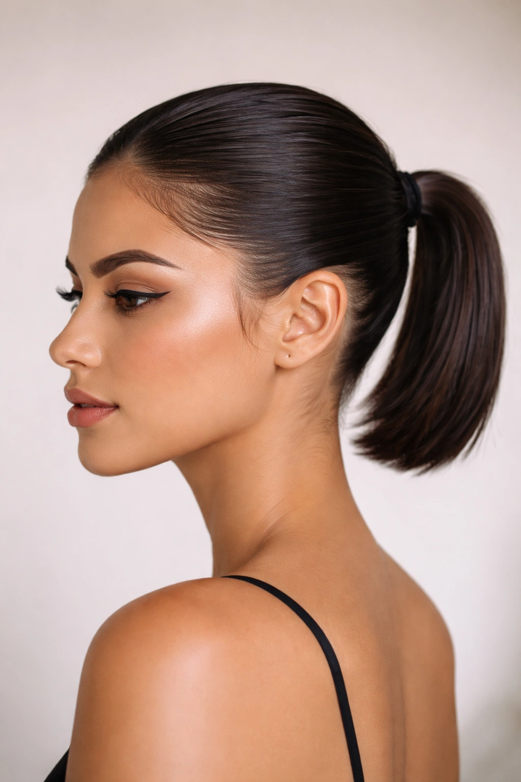 Close-up of a short sleek ponytail with smooth scalp and neat baby hairs in a studio portrait