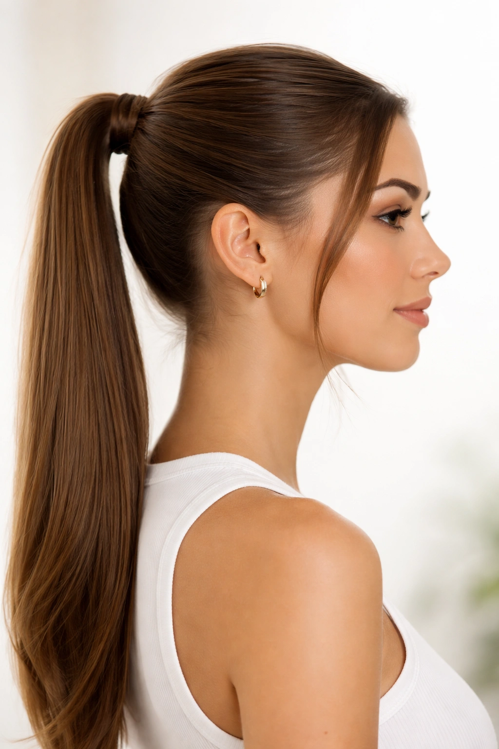 Side profile with a sleek high ponytail