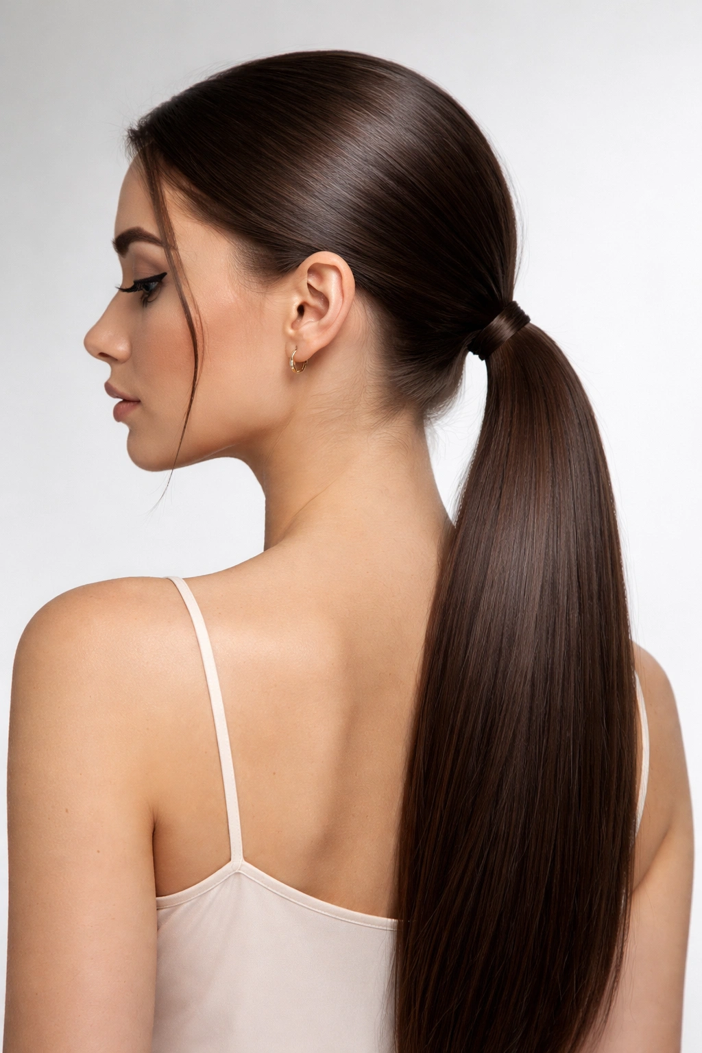 Close-up of sleek low ponytail with glossy smooth hair at the nape