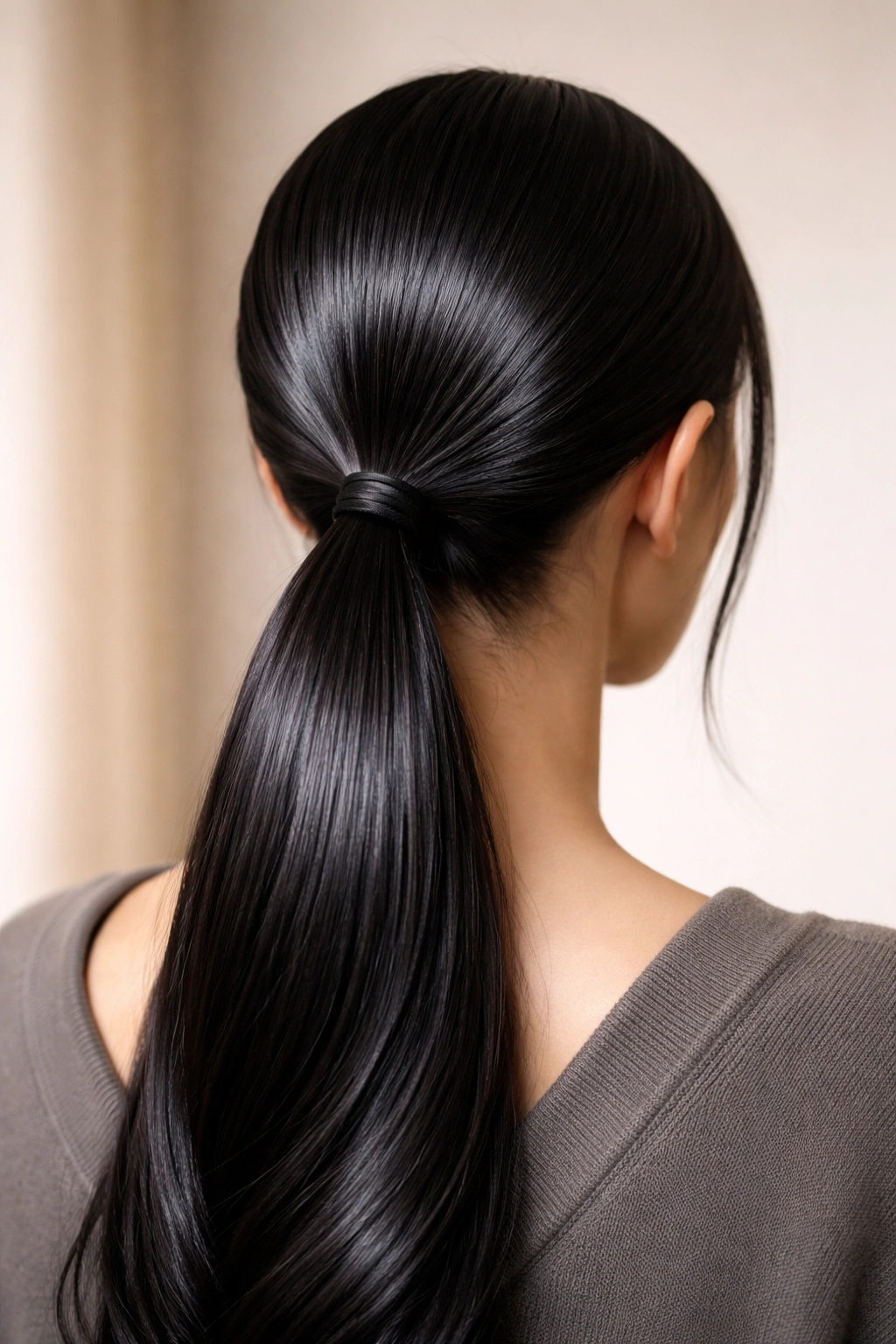 Close-up of a sleek low ponytail with glassy shine on straight hair