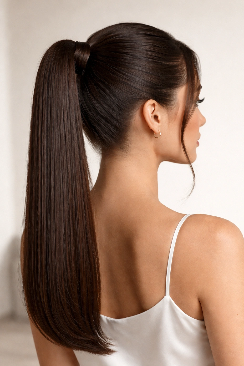 Close-up of a sleek high ponytail on straight hair with a wrap and face-framing pieces