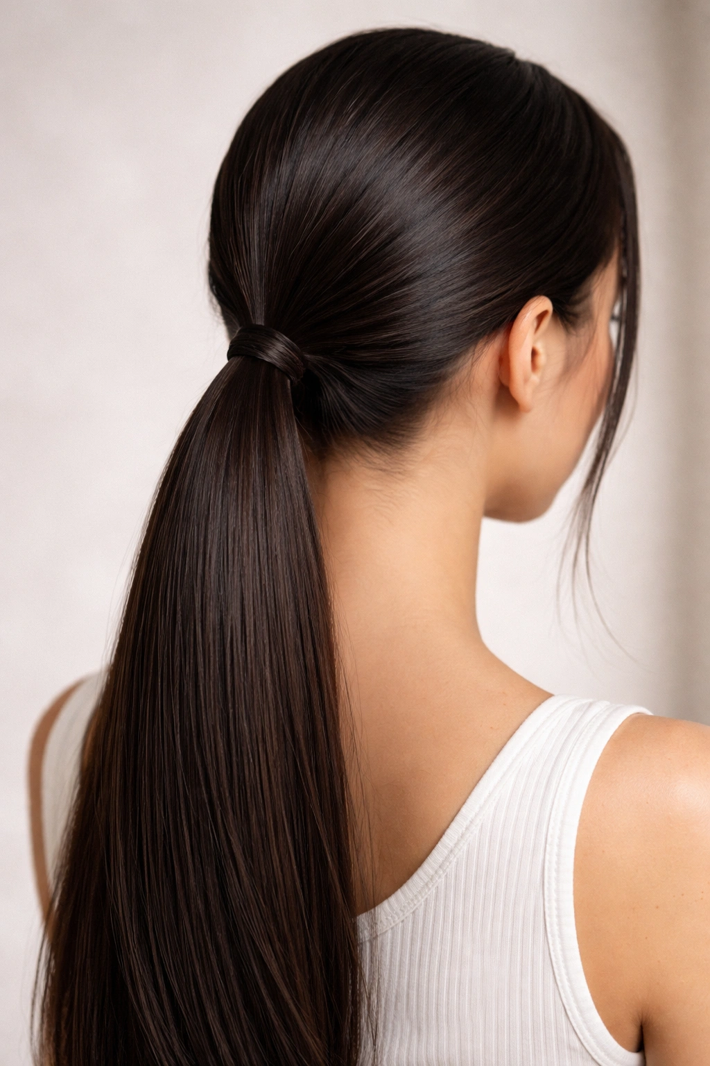 Close-up of a sleek, low ponytail at the nape with smooth straight hair