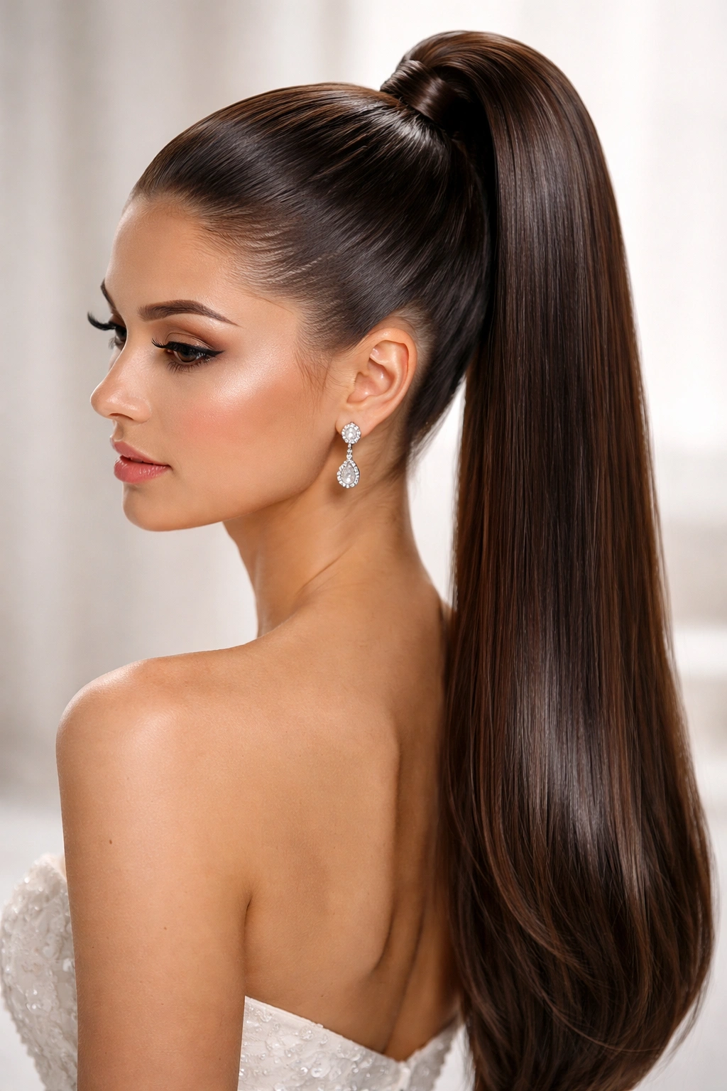 High ponytail with sleek, glossy straight hair under studio lighting
