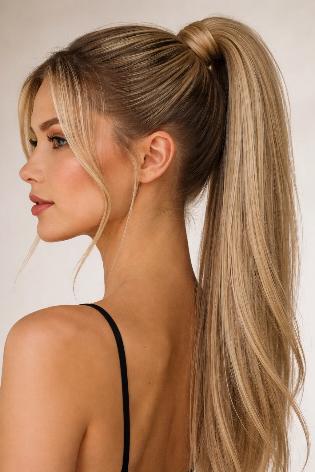 High sleek ponytail with textured face-framing pieces