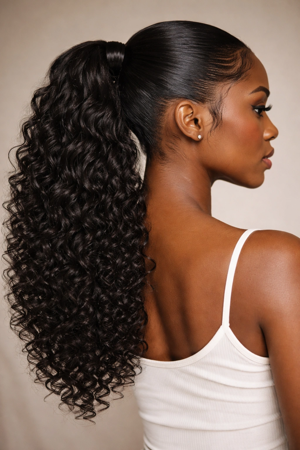 Sleek base with voluminous textured ponytail showing coils and dimension