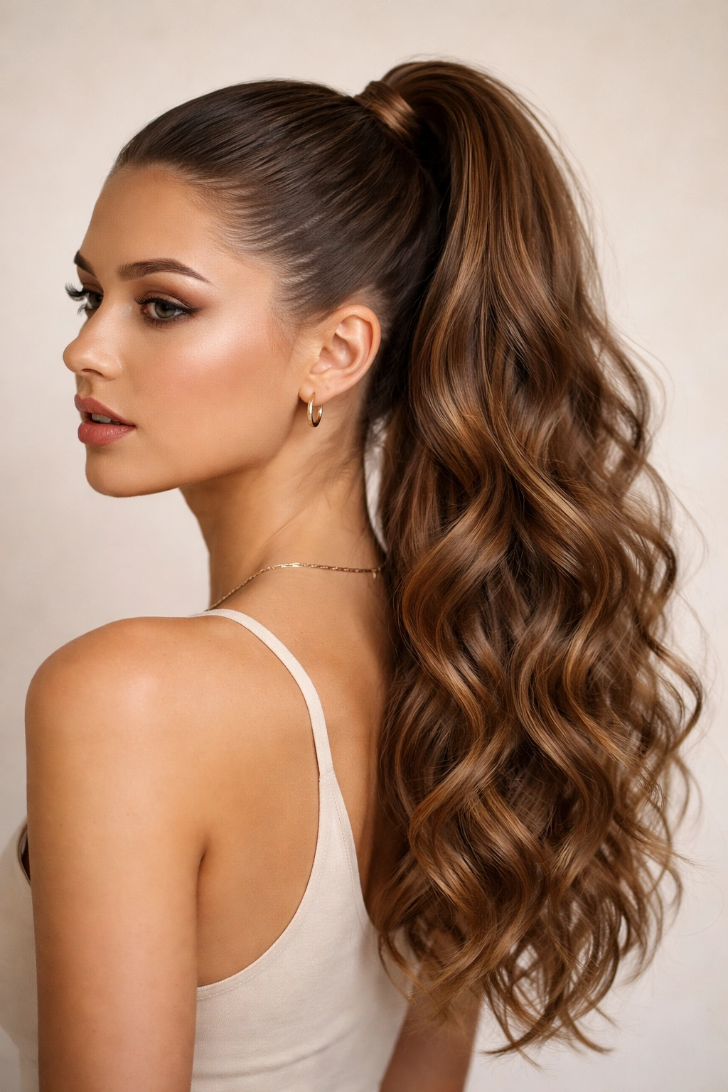 Sleek crown transitioning to textured waves along the ponytail