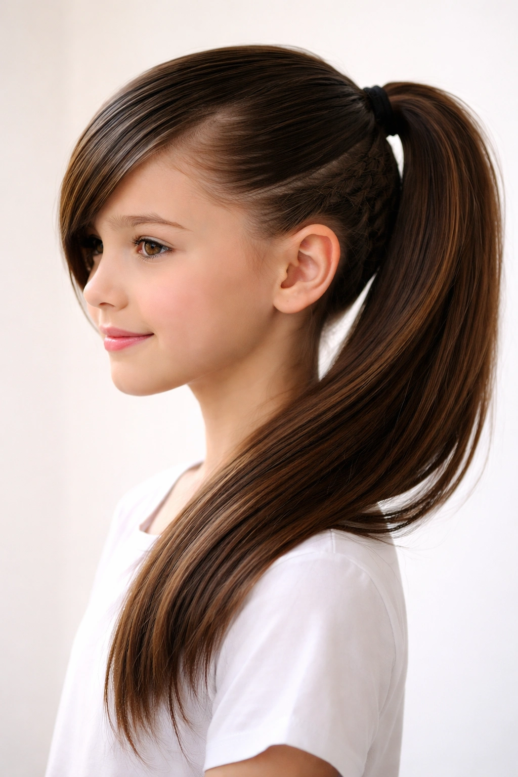 Sleek side ponytail with teased underlayer visible, creating an undercut detail.