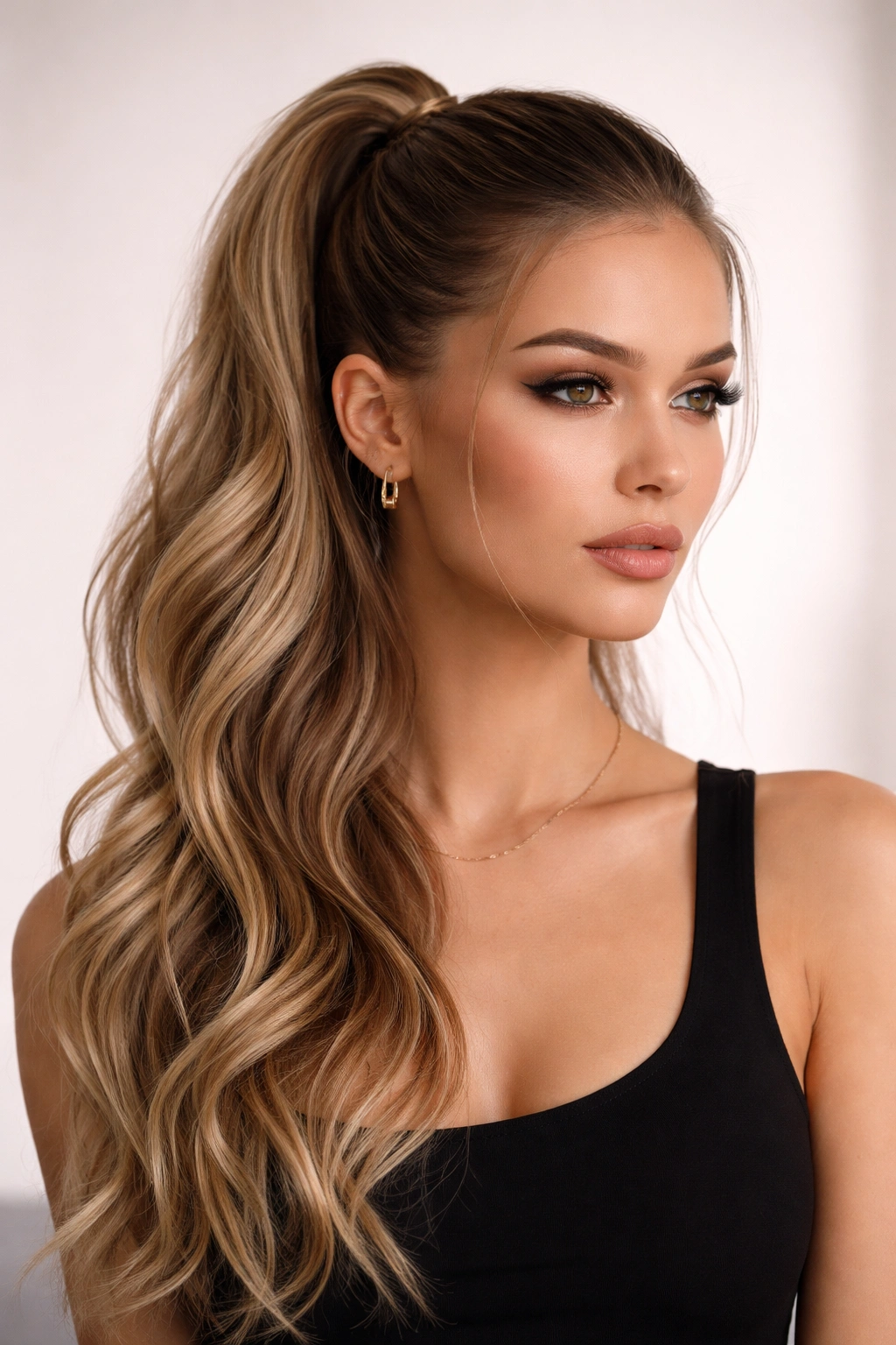 Close-up of a sleek high ponytail with loose waves hairstyle
