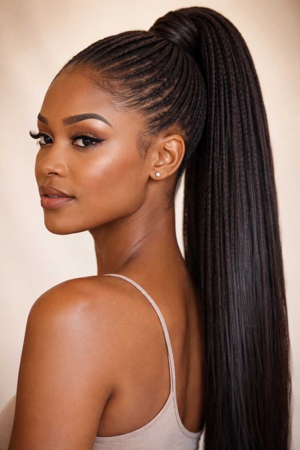 Close-up of a sleek high ponytail with locs and glossy weave at the crown