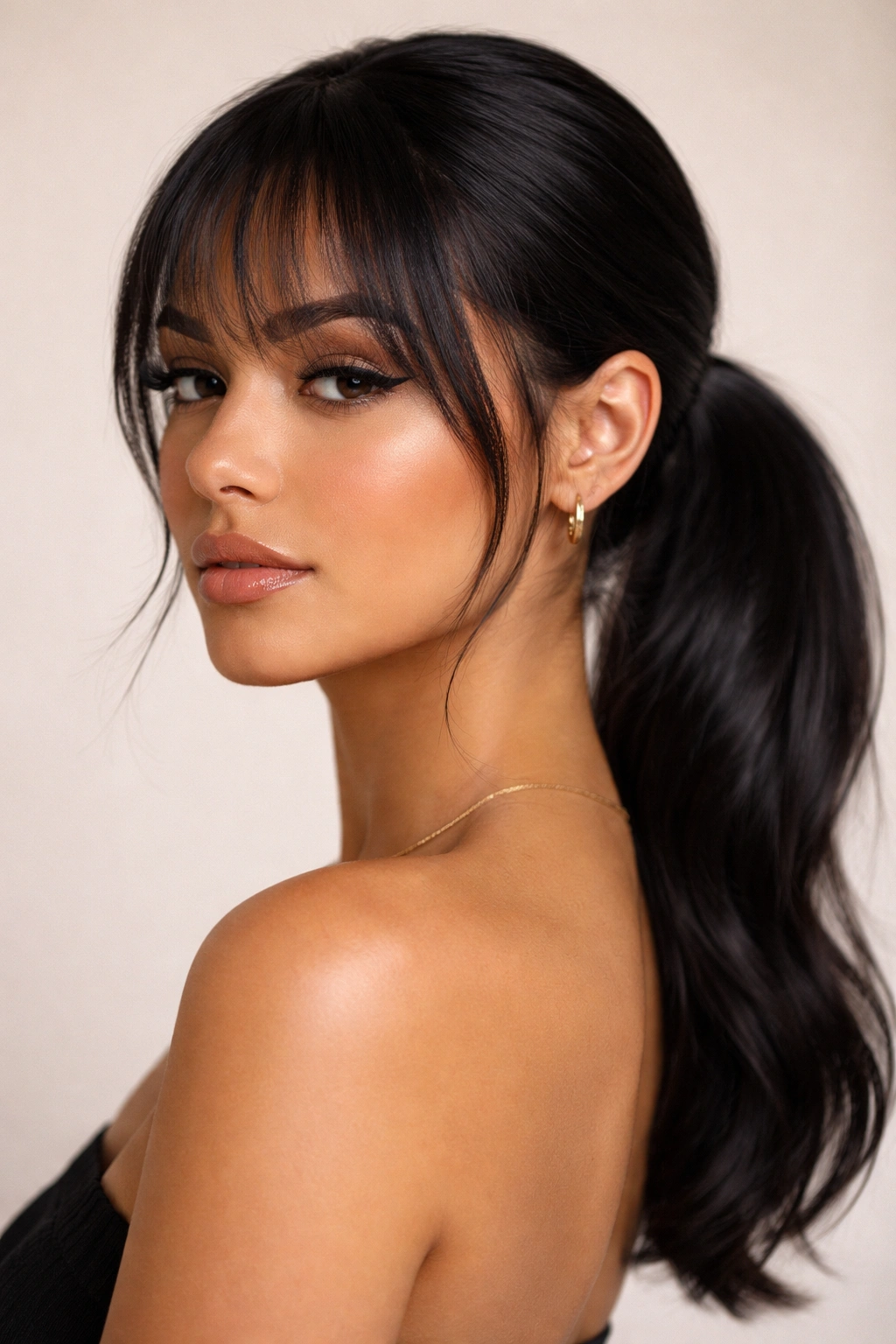 Close-up of sleek low ponytail with wispy bangs on a model