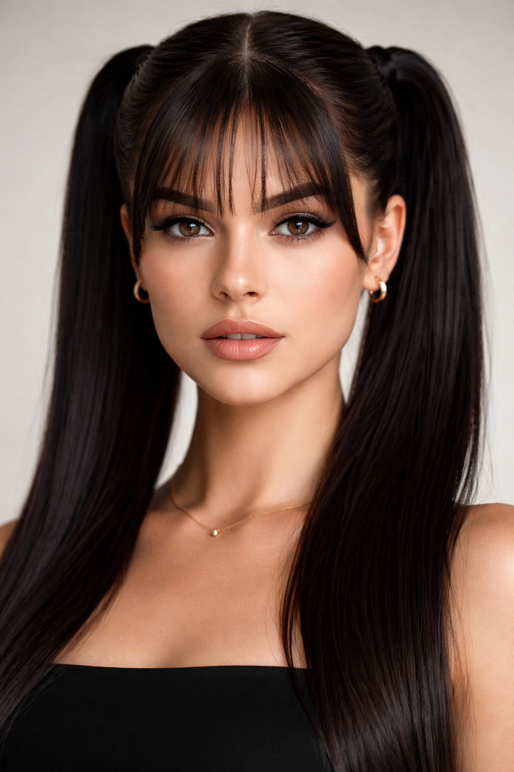 Close-up of Sleek Double Ponytails With Center-Part Bangs showing glossy straight ponytails