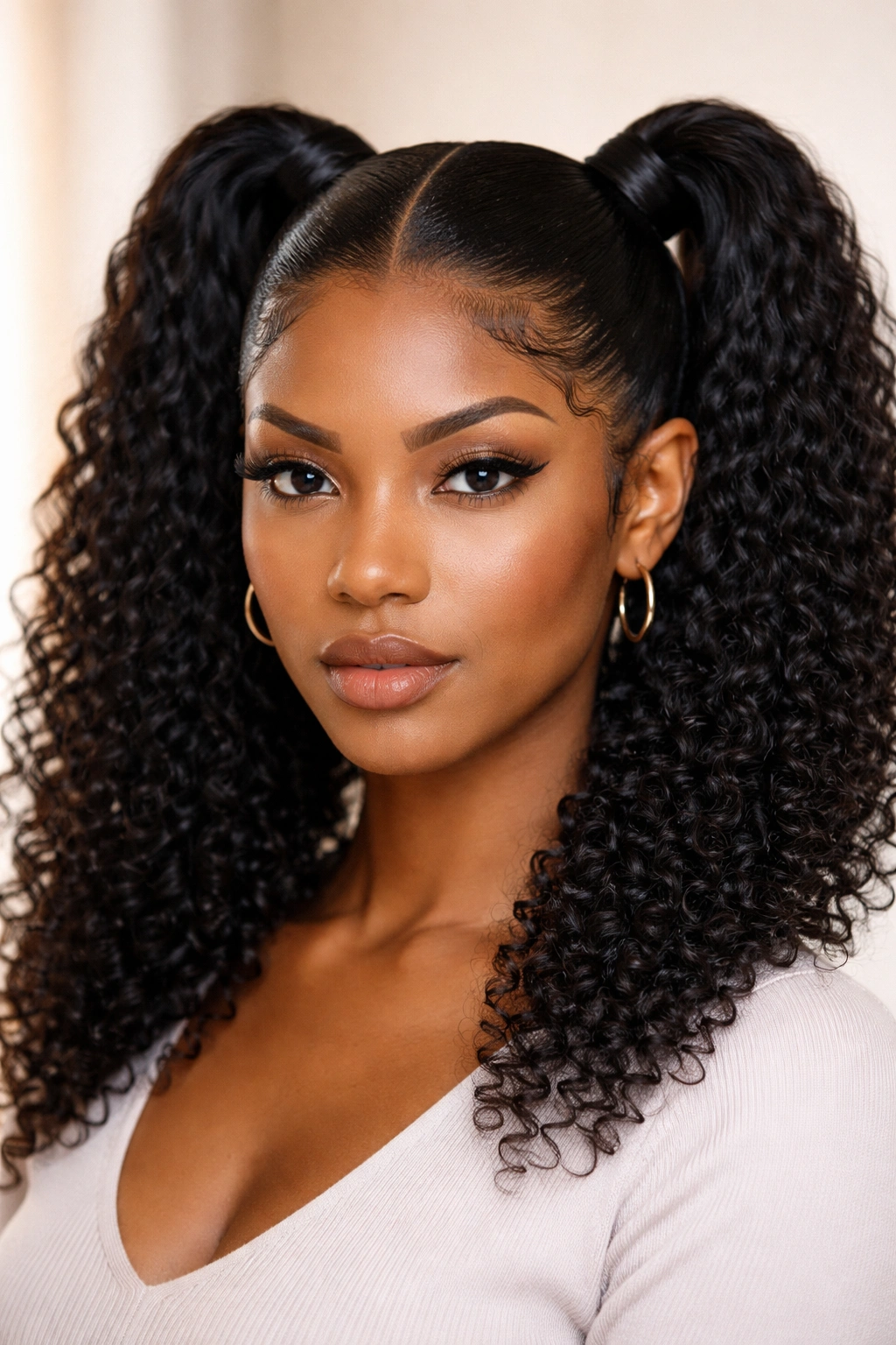 Close-up of two sleek high ponytails with sharp edges on curly hair
