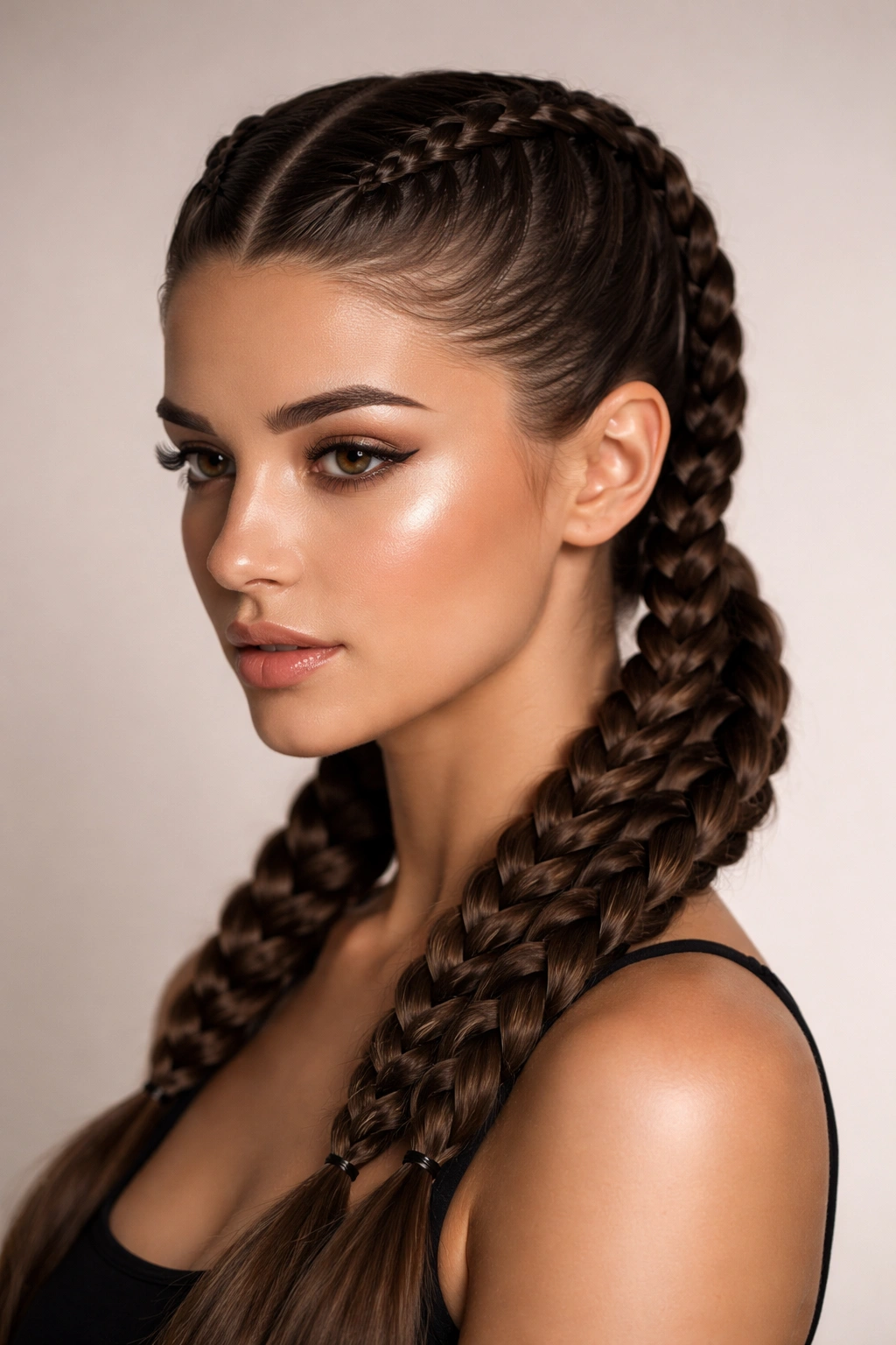 Sleek pulled-back double Dutch braids with a slick crown
