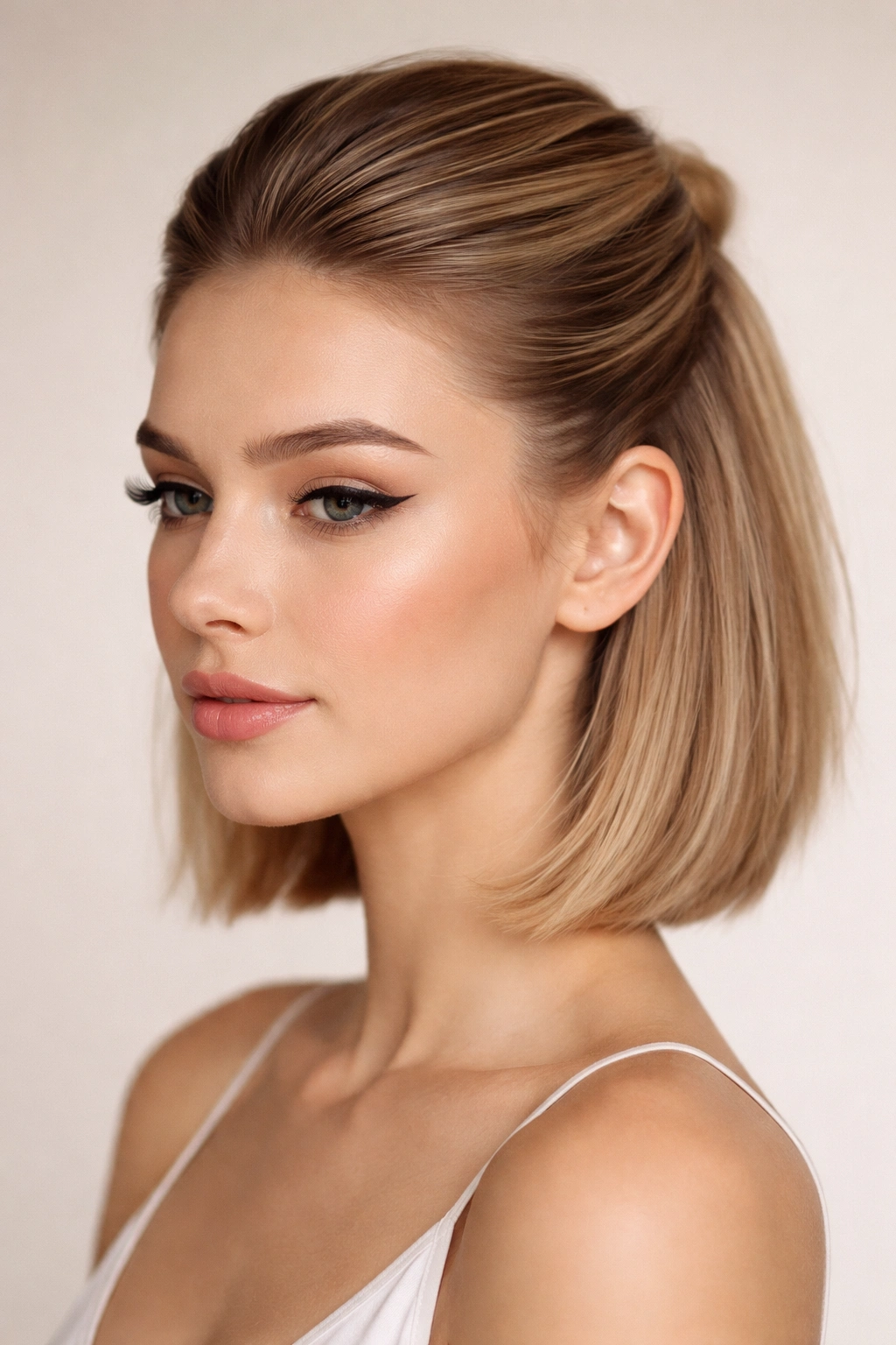 Sleek pulled-back half up hairstyle with smooth crown