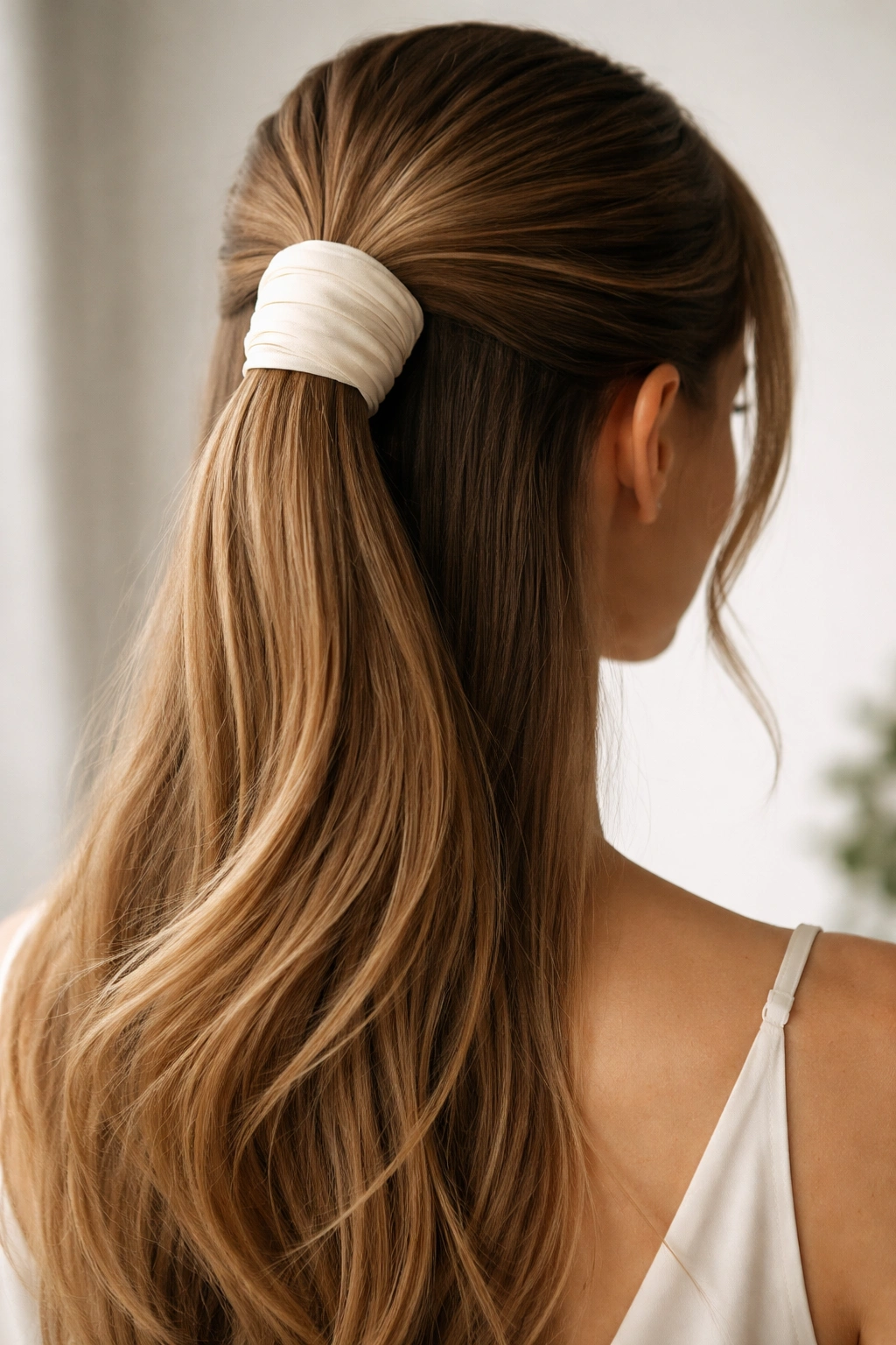 Close-up of The Sleek Scarf Accent Wrap with a wrapped scarf forming a thick band at the base of a ponytail
