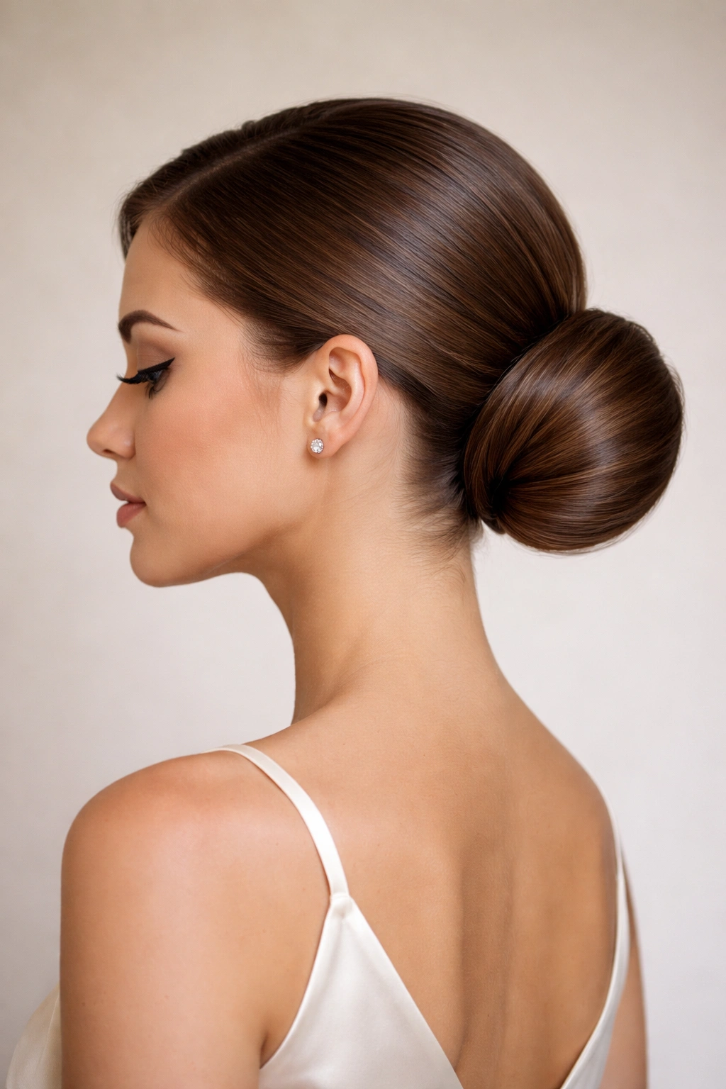 Sleek side bun with a polished knot at the side of the head.