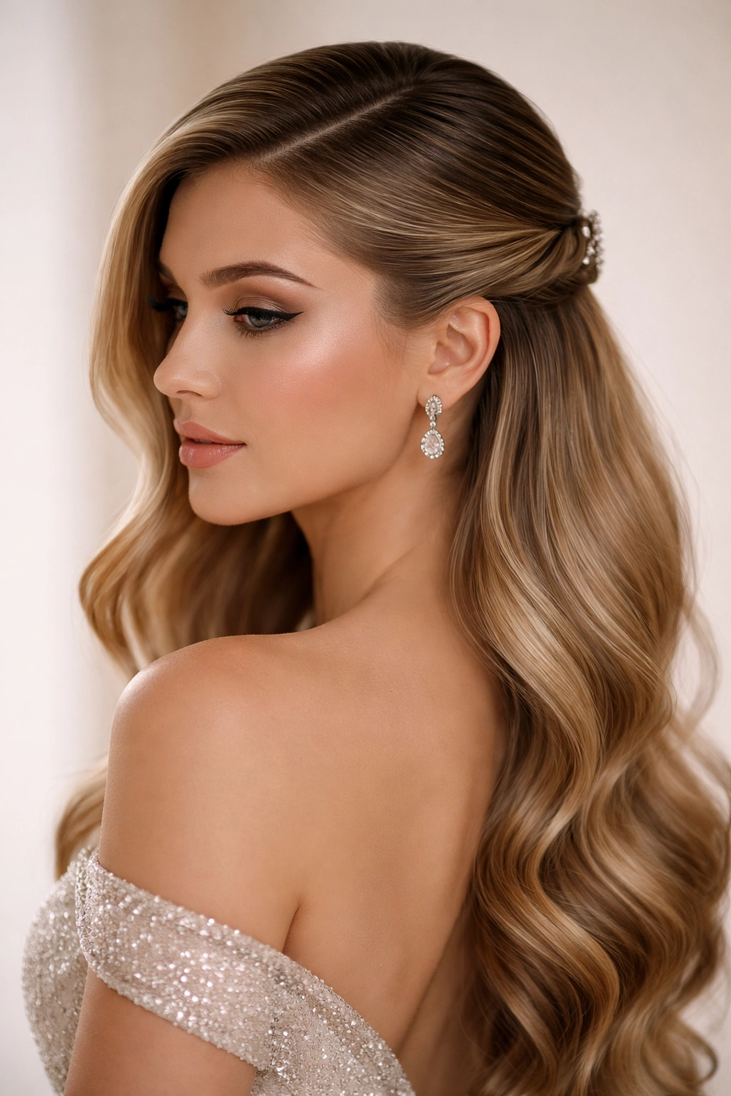 Sleek half-up hairstyle with a deep side part and asymmetric twist.