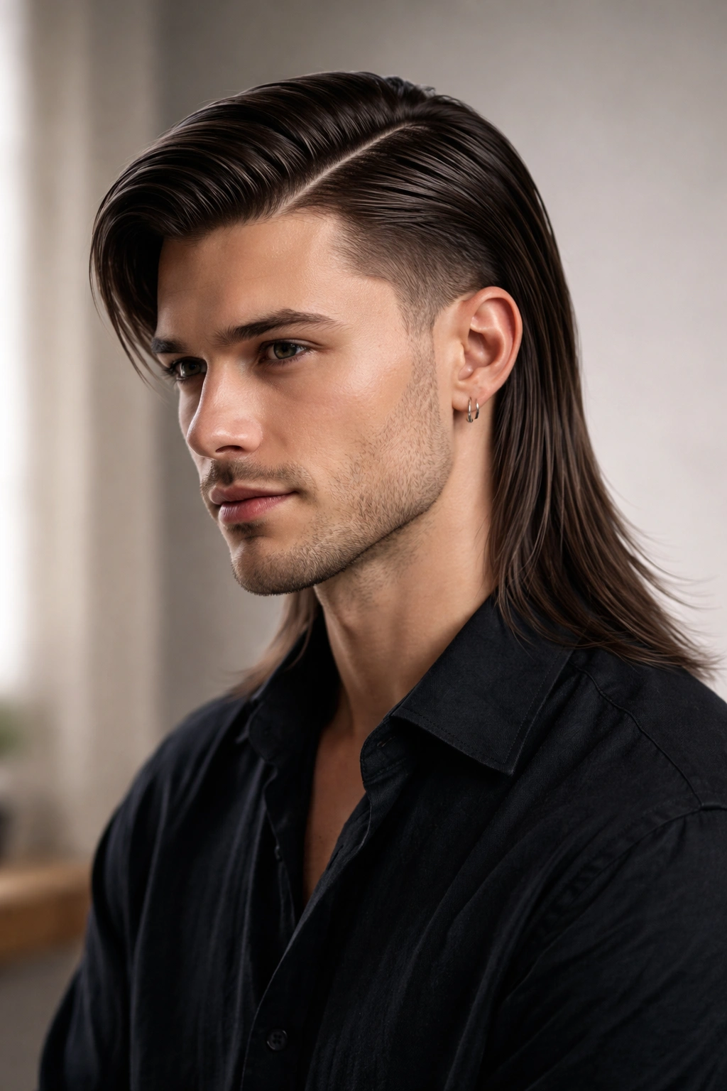 Portrait of a straight-haired model with a sleek, side-parted mullet and crisp part line