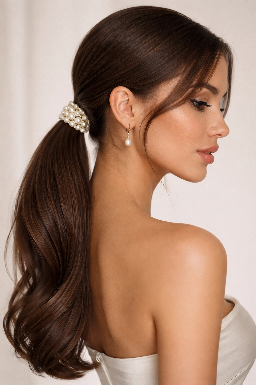 Sleek side ponytail with pearl hair piece over the shoulder