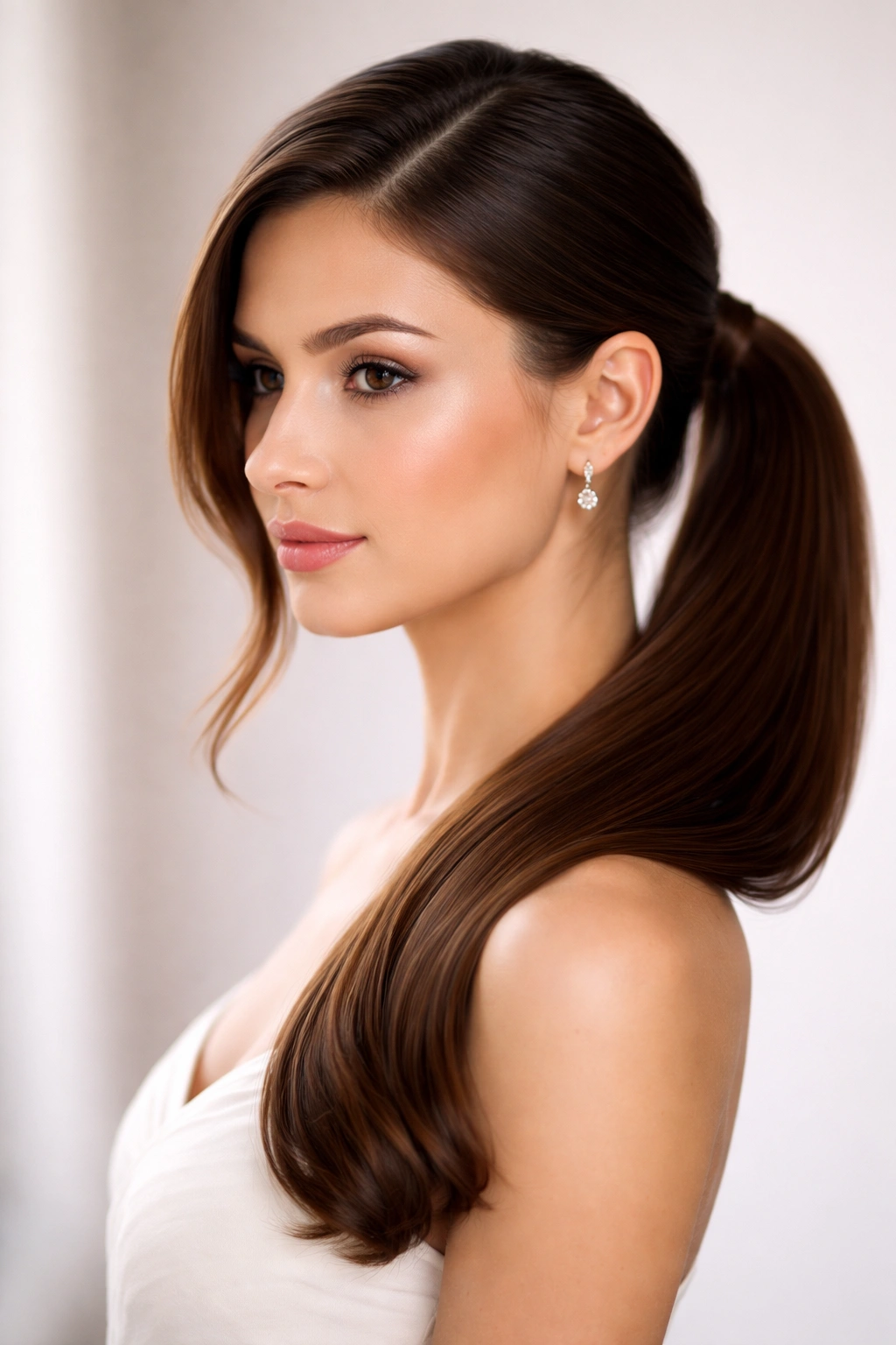 Sleek side ponytail pulled to one side of the head
