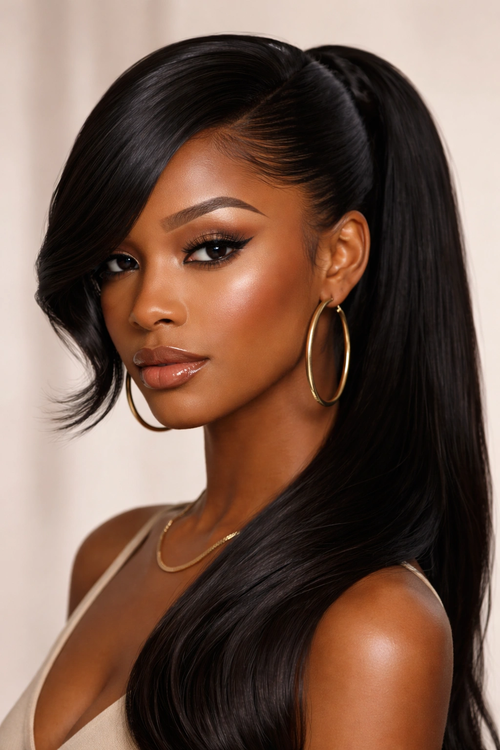 Portrait of a model with a sleek side-swept swoop ponytail