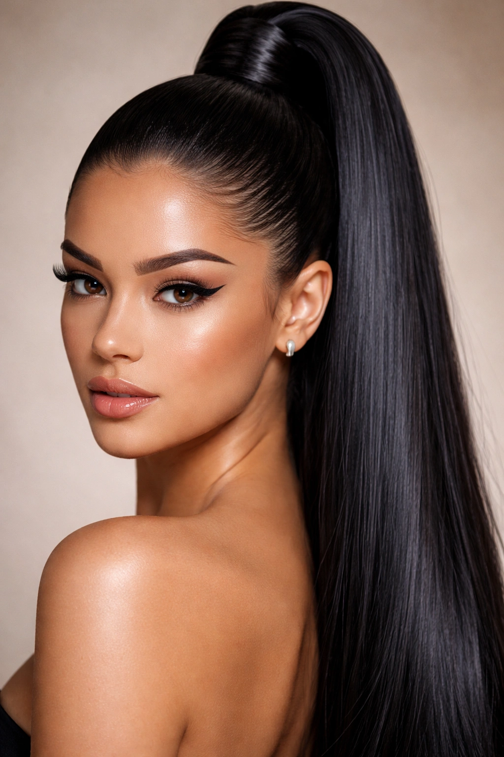 Front-facing view of a super slicked back high ponytail with flawless shine