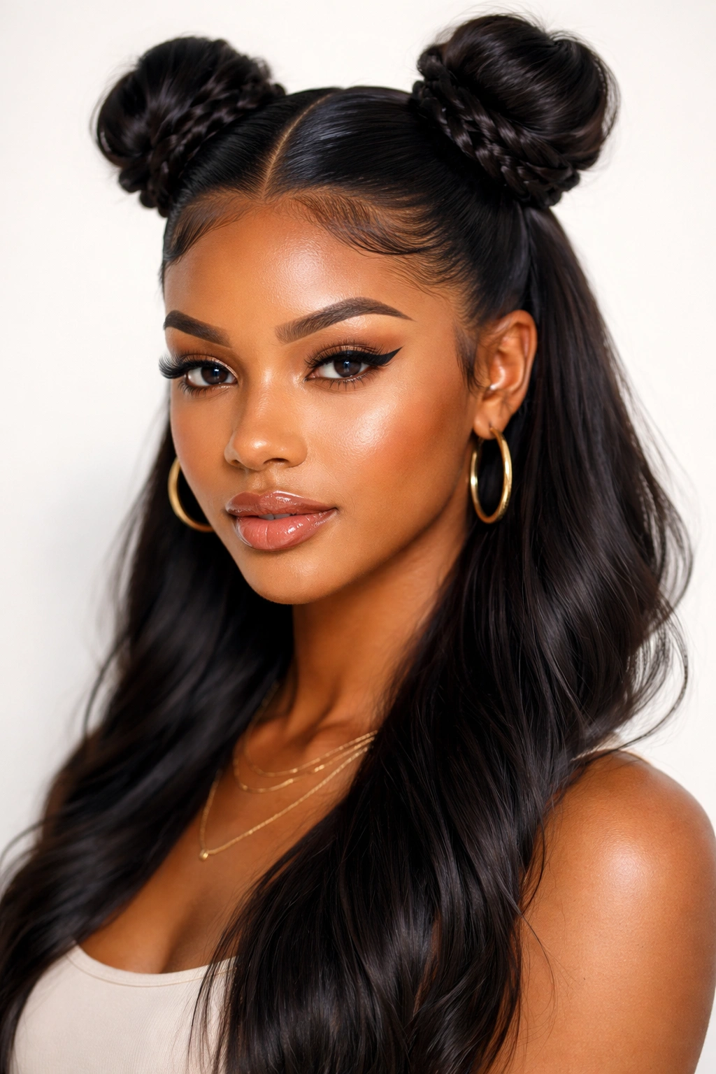 Sleek edge-controlled space buns with braided detail