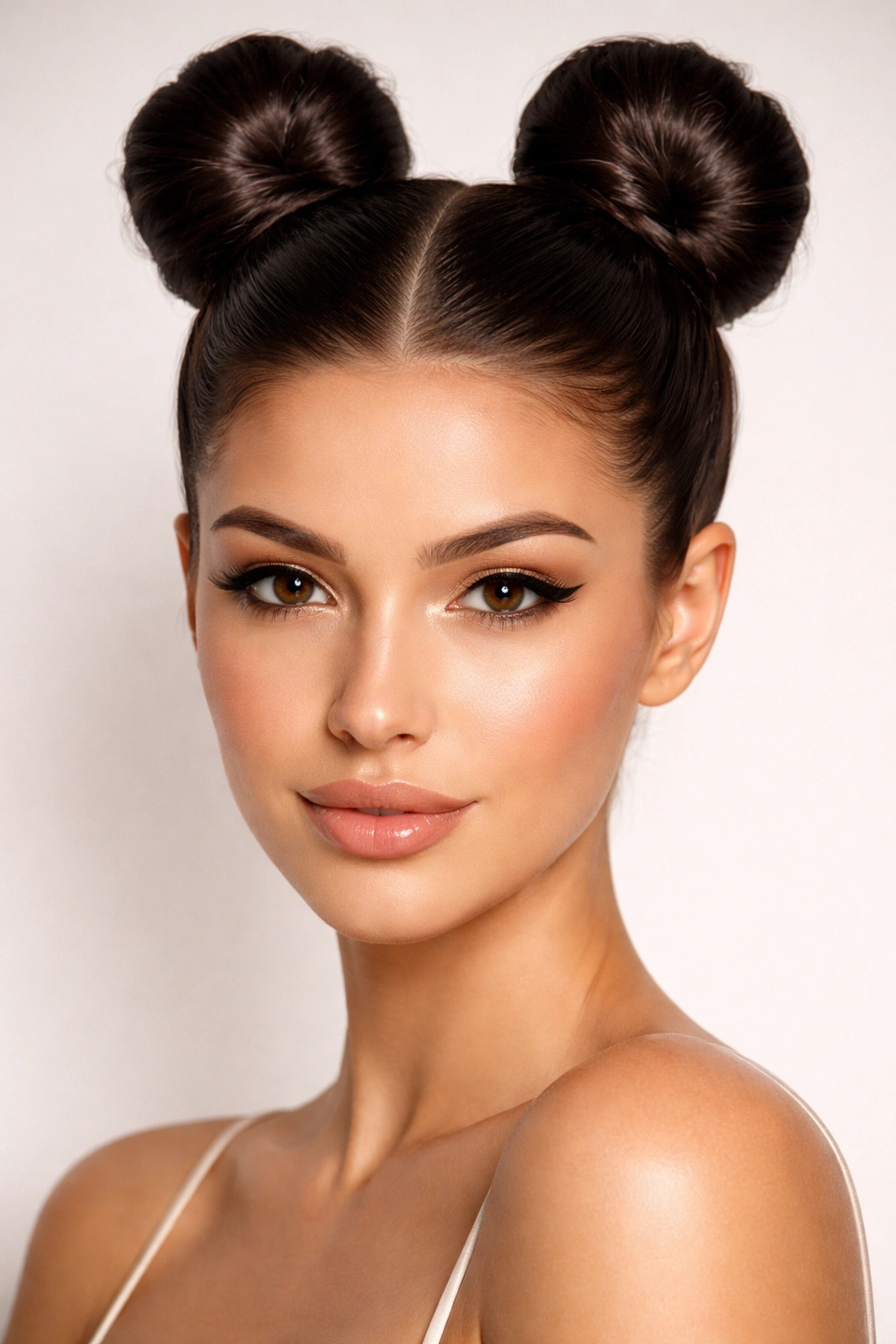 Close-up of sleek high space buns at the crown