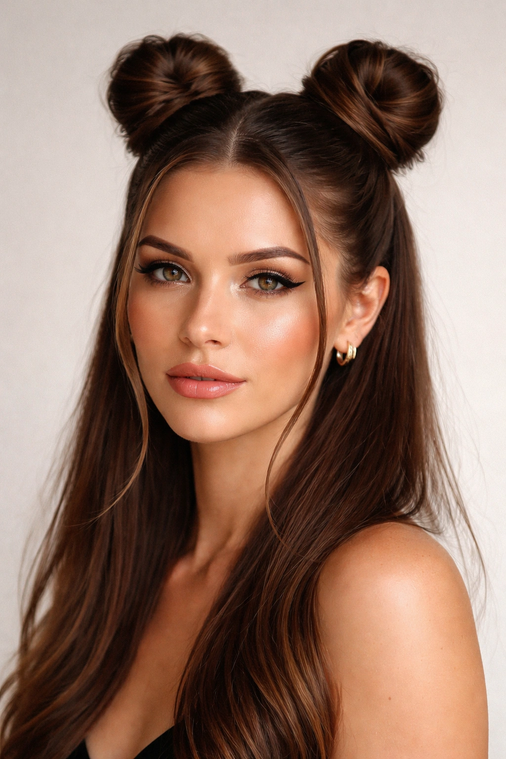 Front view of two high, sleek space buns with glossy smooth hair