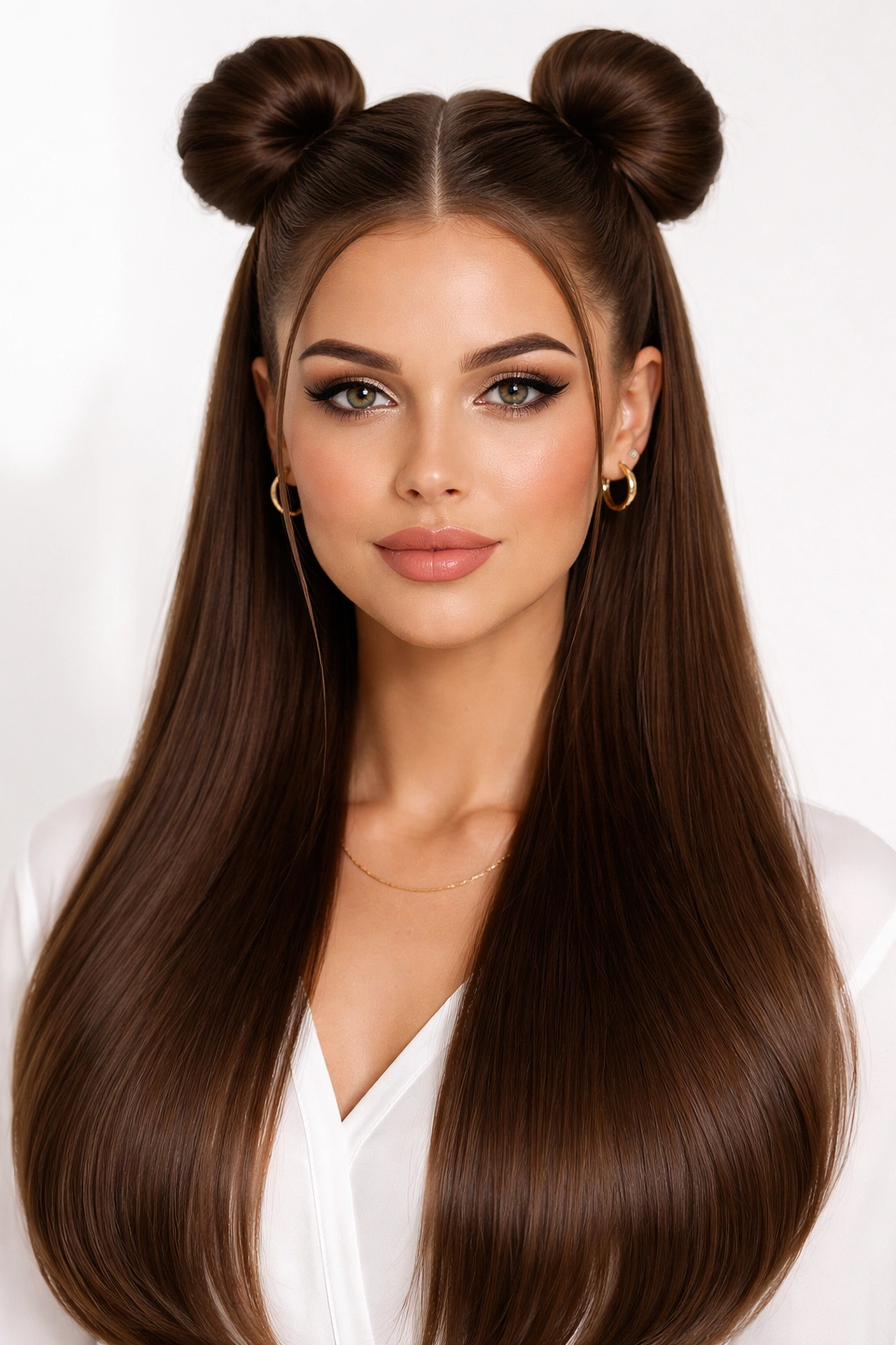 Sleek polished space buns with smooth hair and precise parts