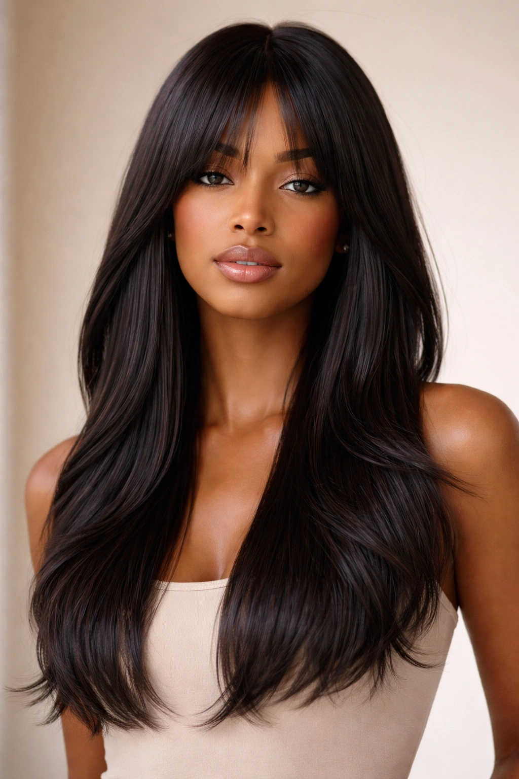 Sleek straight hair with curtain bangs and textured ends